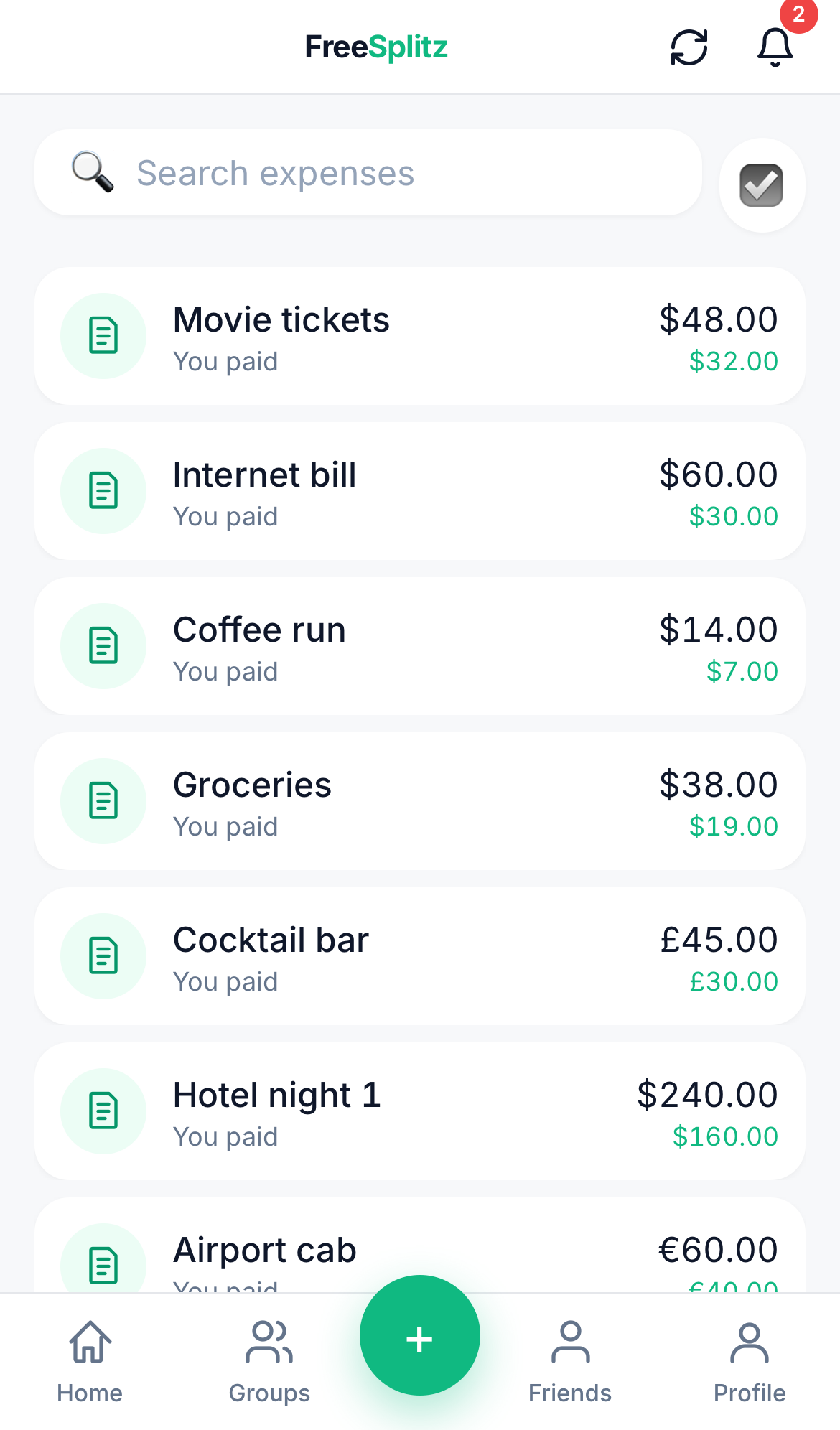 FreeSplitz activity feed with the full expense list and search bar