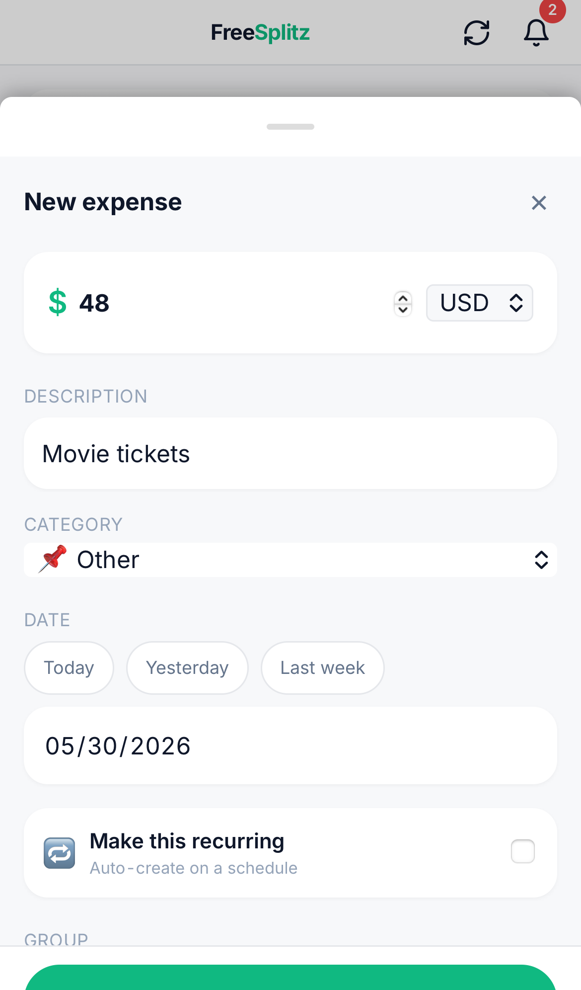 FreeSplitz add-expense bottom sheet with amount, description, category, and date controls