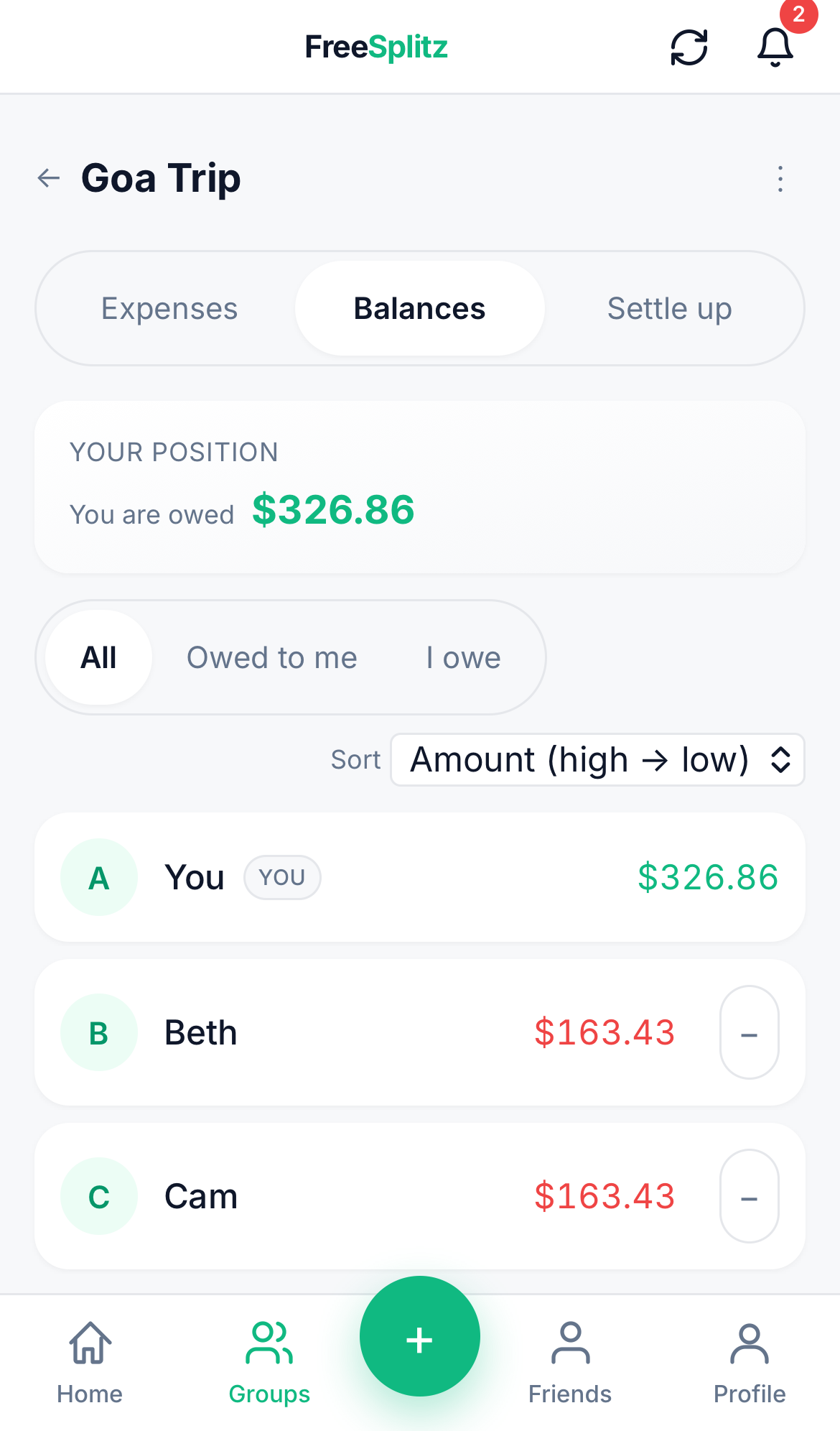 FreeSplitz group detail showing per-member balances with filter chips