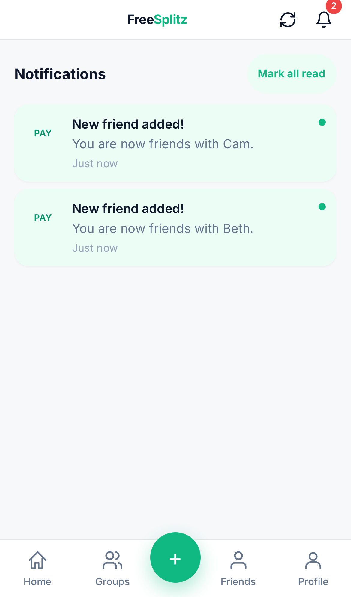 FreeSplitz notifications center with friend-added and payment events